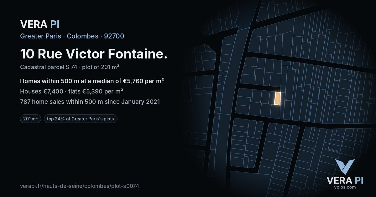 10 Rue Victor Fontaine, Colombes at night – the plot lit, the parcels around coloured by the prices near them