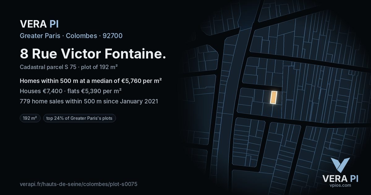 8 Rue Victor Fontaine, Colombes at night – the plot lit, the parcels around coloured by the prices near them