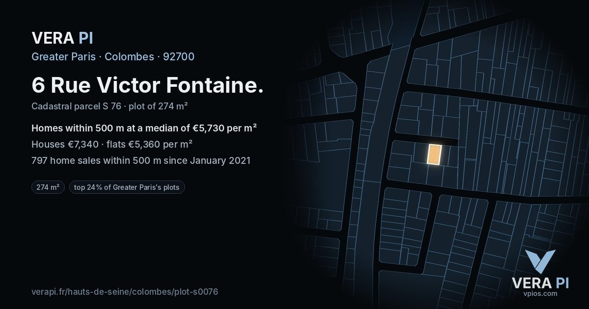 6 Rue Victor Fontaine, Colombes at night – the plot lit, the parcels around coloured by the prices near them
