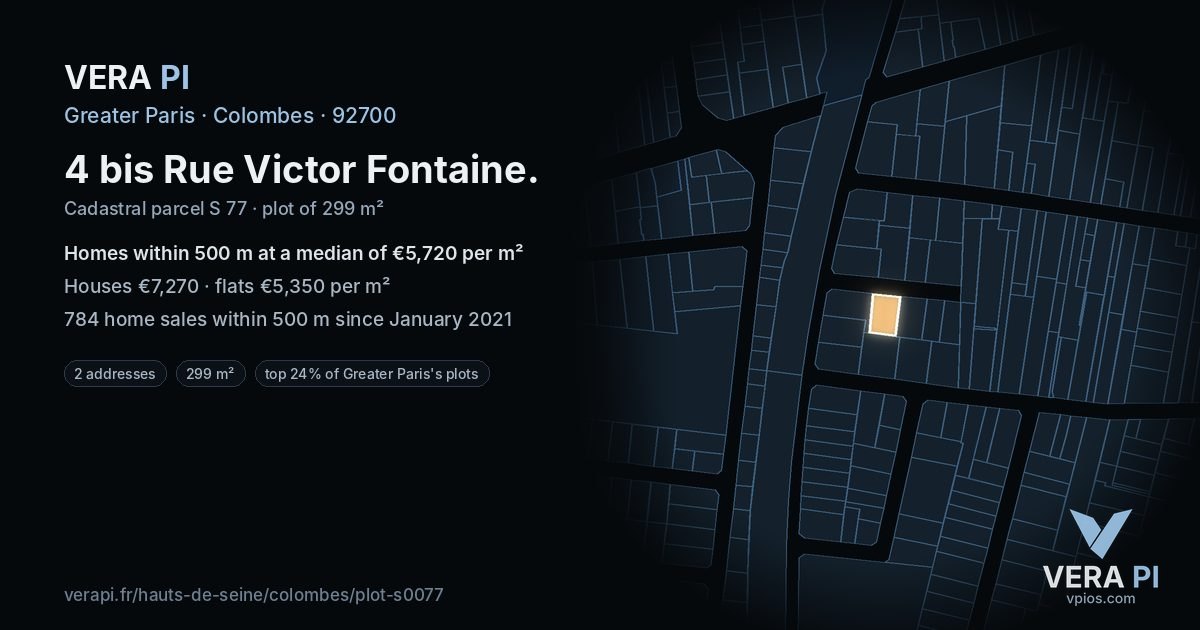 4 bis Rue Victor Fontaine, Colombes at night – the plot lit, the parcels around coloured by the prices near them