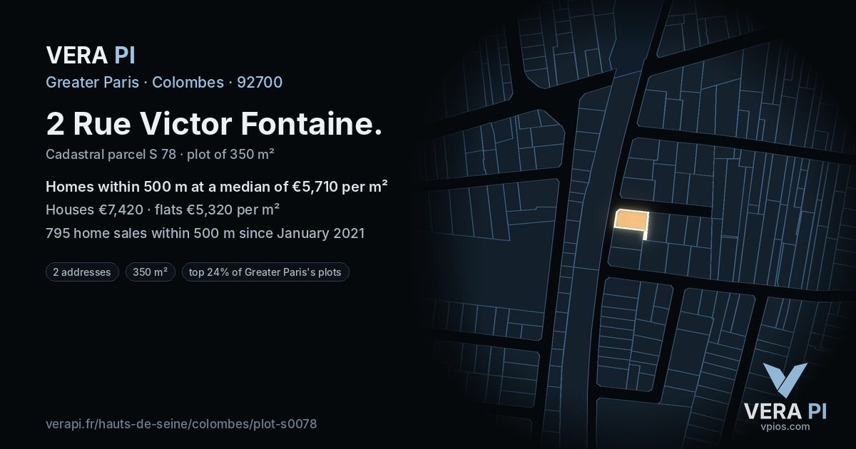 2 Rue Victor Fontaine, Colombes at night – the plot lit, the parcels around coloured by the prices near them