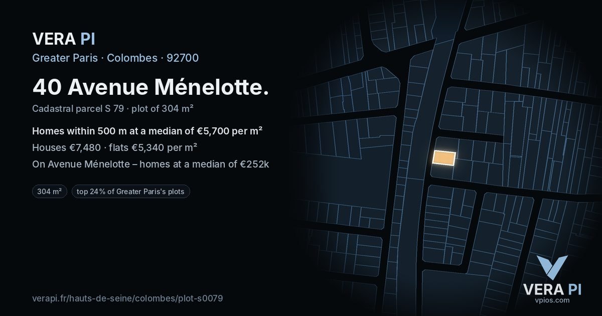 40 Avenue Ménelotte, Colombes at night – the plot lit, the parcels around coloured by the prices near them