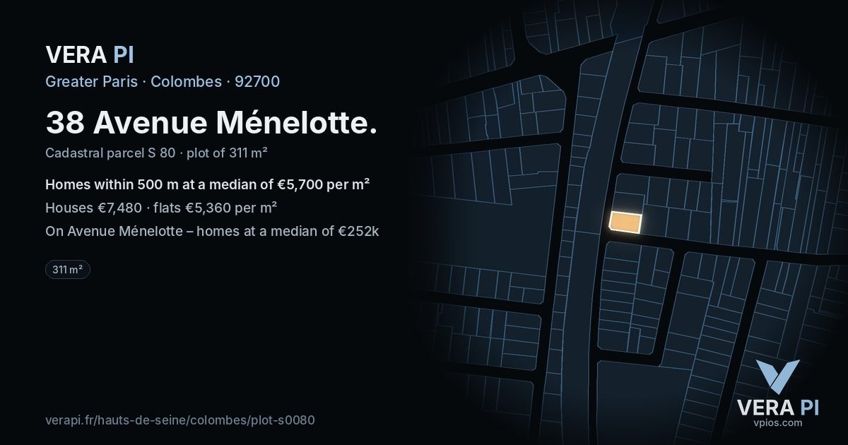 38 Avenue Ménelotte, Colombes at night – the plot lit, the parcels around coloured by the prices near them