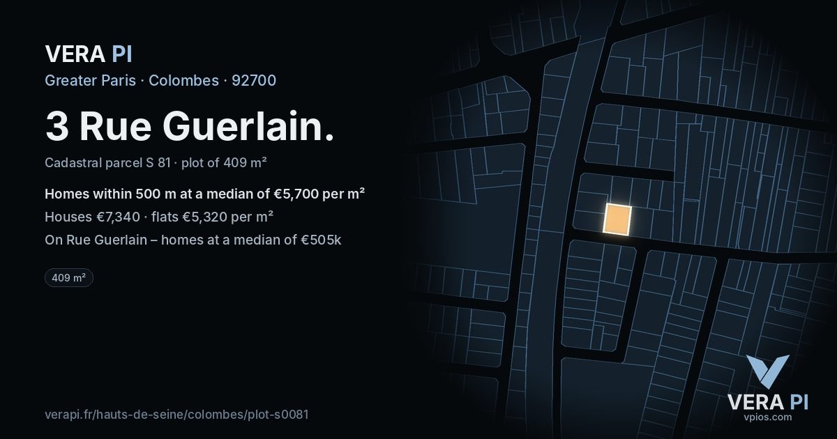 3 Rue Guerlain, Colombes at night – the plot lit, the parcels around coloured by the prices near them