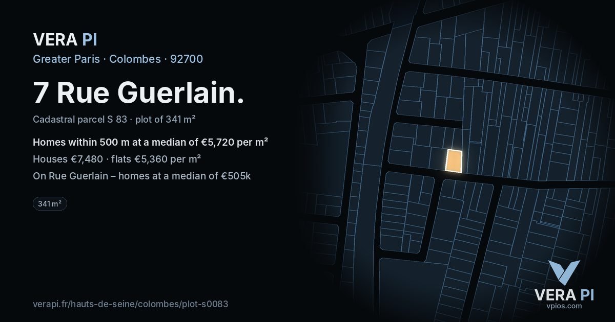 7 Rue Guerlain, Colombes at night – the plot lit, the parcels around coloured by the prices near them