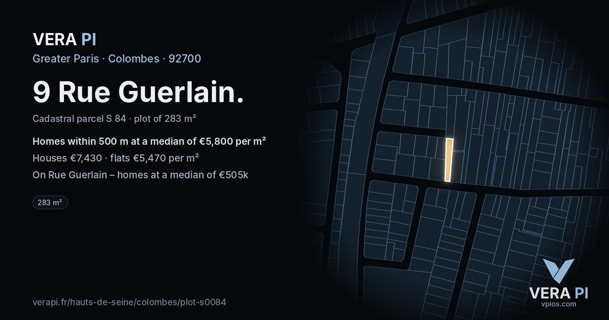 9 Rue Guerlain, Colombes at night – the plot lit, the parcels around coloured by the prices near them