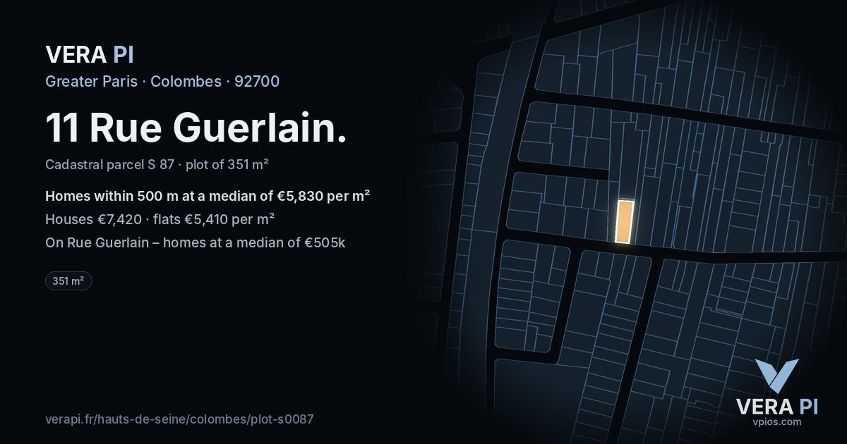 11 Rue Guerlain, Colombes at night – the plot lit, the parcels around coloured by the prices near them