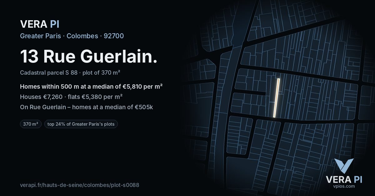 13 Rue Guerlain, Colombes at night – the plot lit, the parcels around coloured by the prices near them