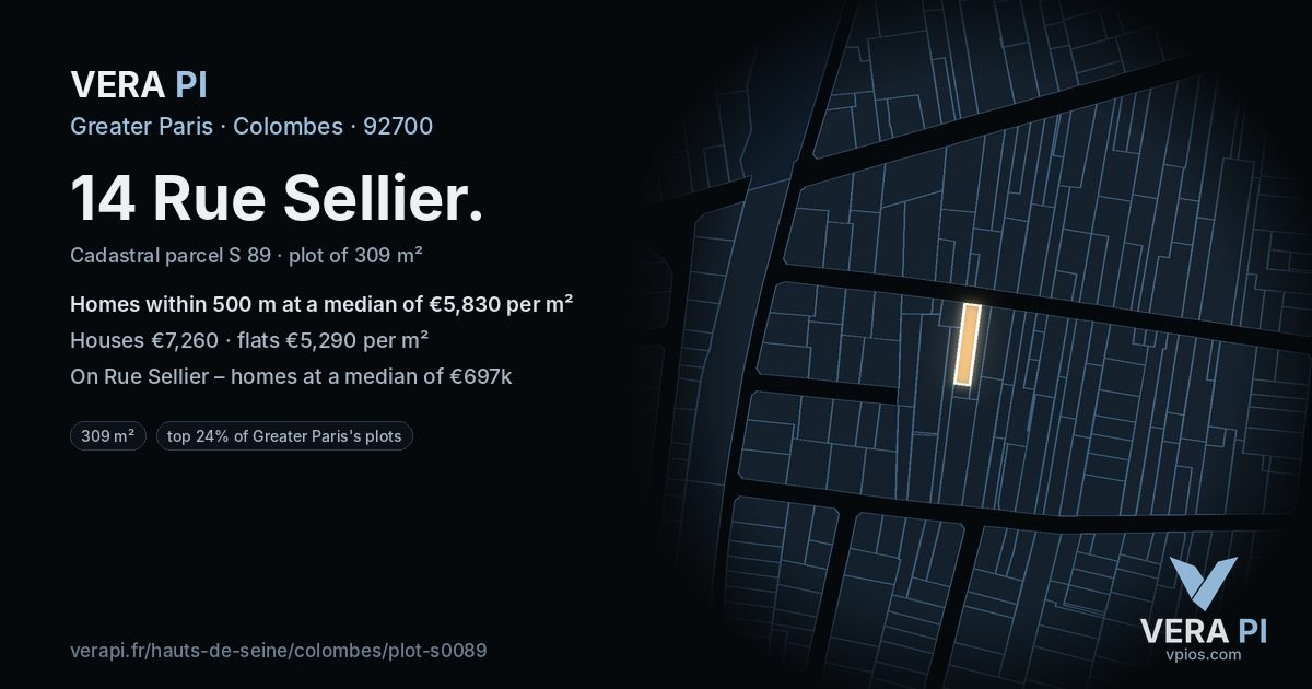 14 Rue Sellier, Colombes at night – the plot lit, the parcels around coloured by the prices near them