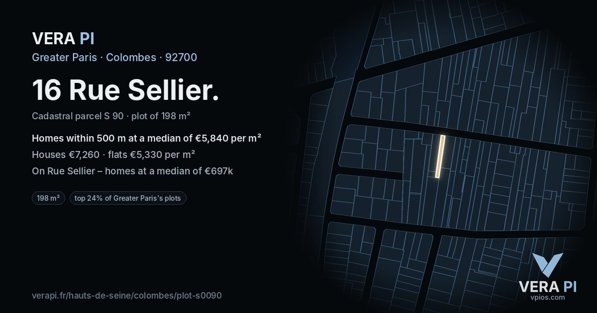 16 Rue Sellier, Colombes at night – the plot lit, the parcels around coloured by the prices near them