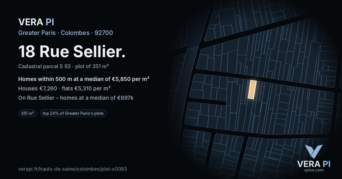 18 Rue Sellier, Colombes at night – the plot lit, the parcels around coloured by the prices near them