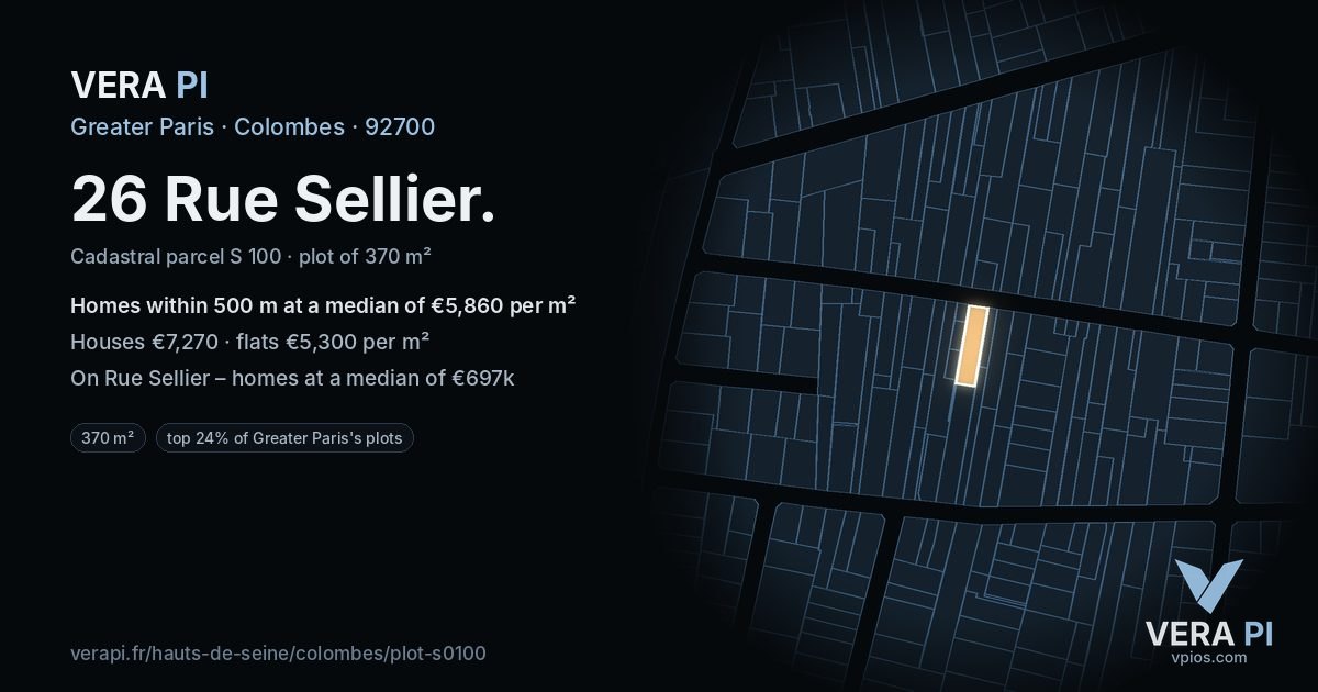 26 Rue Sellier, Colombes at night – the plot lit, the parcels around coloured by the prices near them