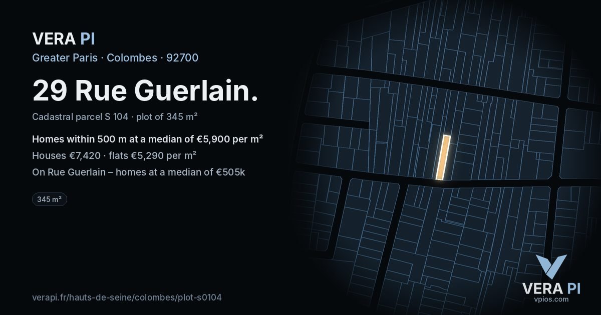 29 Rue Guerlain, Colombes at night – the plot lit, the parcels around coloured by the prices near them