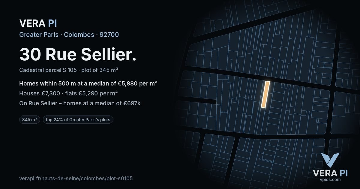 30 Rue Sellier, Colombes at night – the plot lit, the parcels around coloured by the prices near them