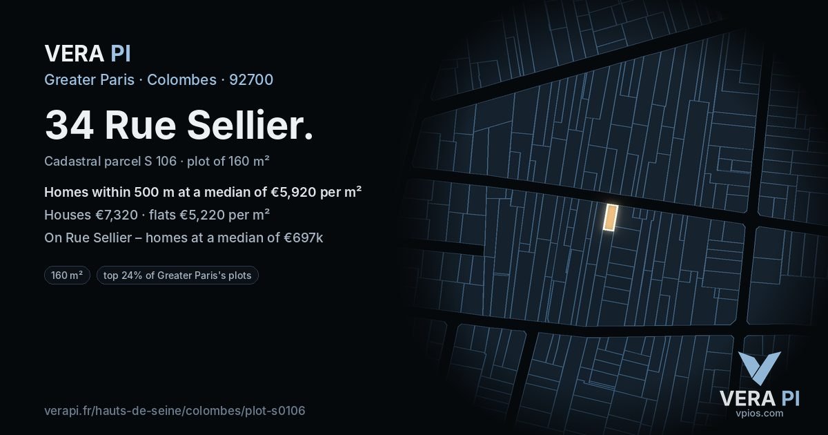 34 Rue Sellier, Colombes at night – the plot lit, the parcels around coloured by the prices near them