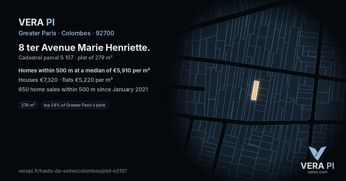 8 ter Avenue Marie Henriette, Colombes at night – the plot lit, the parcels around coloured by the prices near them
