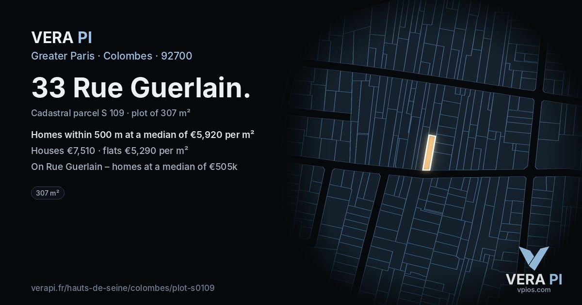 33 Rue Guerlain, Colombes at night – the plot lit, the parcels around coloured by the prices near them