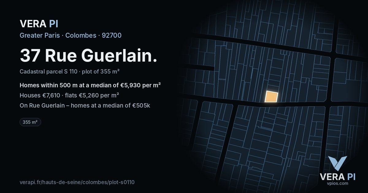37 Rue Guerlain, Colombes at night – the plot lit, the parcels around coloured by the prices near them