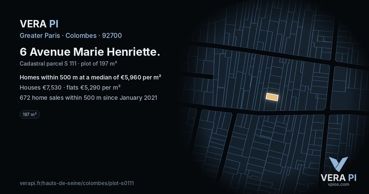 6 Avenue Marie Henriette, Colombes at night – the plot lit, the parcels around coloured by the prices near them
