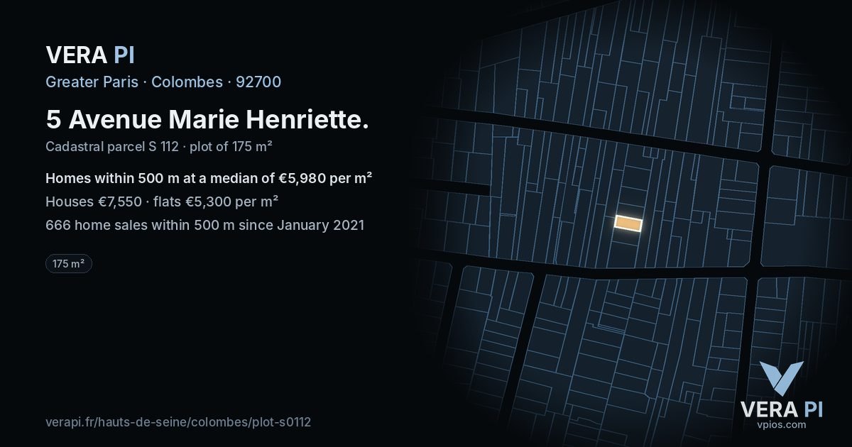 5 Avenue Marie Henriette, Colombes at night – the plot lit, the parcels around coloured by the prices near them