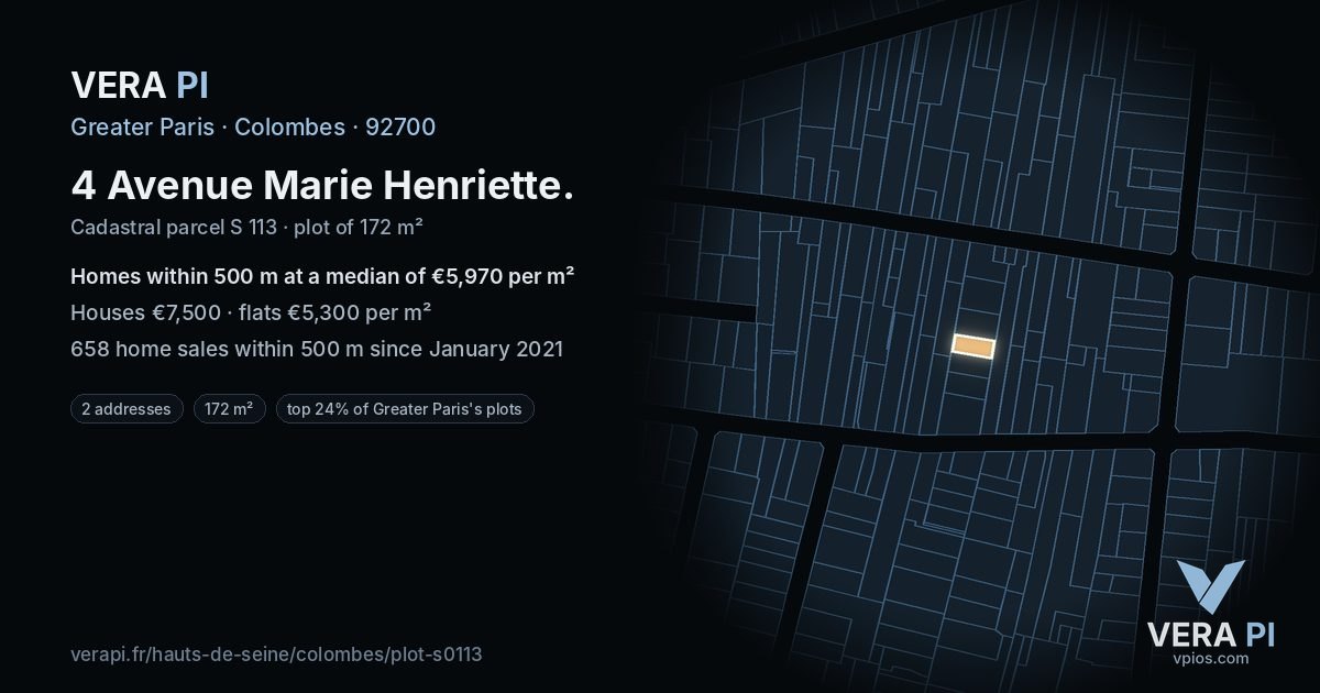 4 Avenue Marie Henriette, Colombes at night – the plot lit, the parcels around coloured by the prices near them