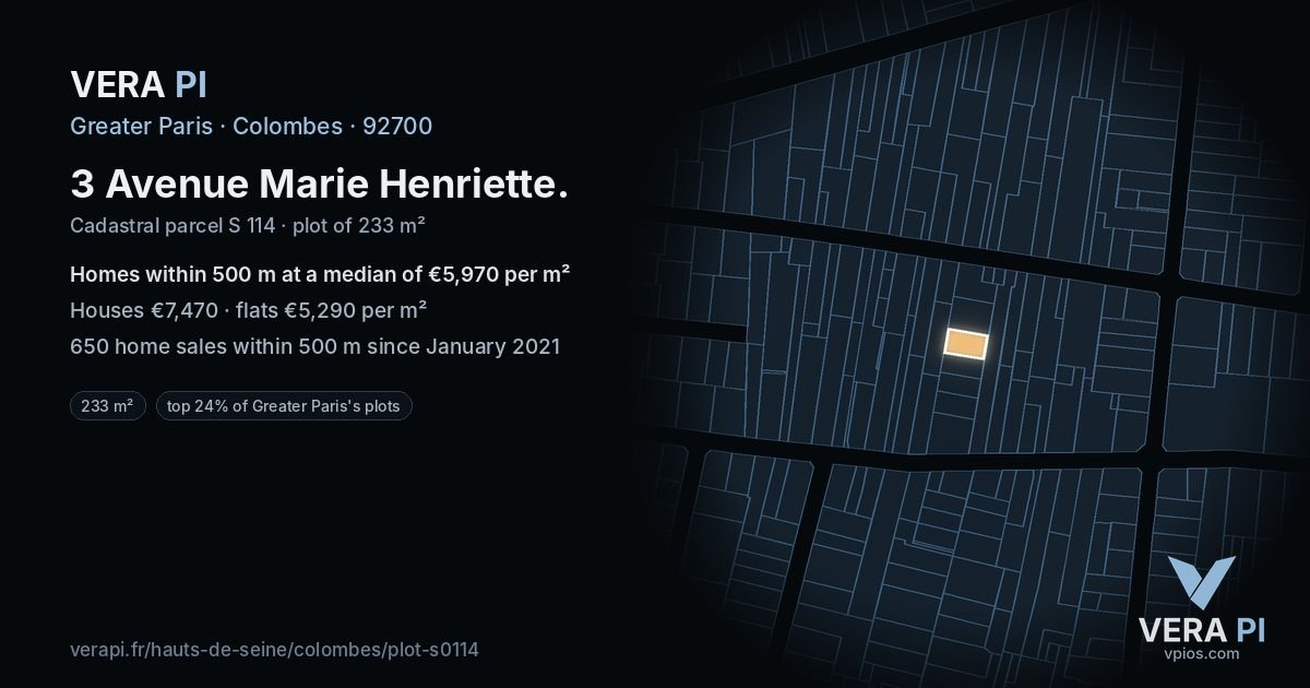 3 Avenue Marie Henriette, Colombes at night – the plot lit, the parcels around coloured by the prices near them