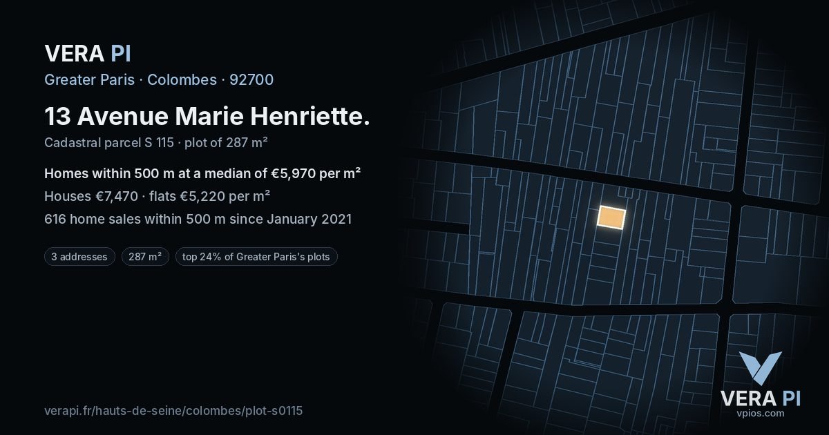 13 Avenue Marie Henriette, Colombes at night – the plot lit, the parcels around coloured by the prices near them