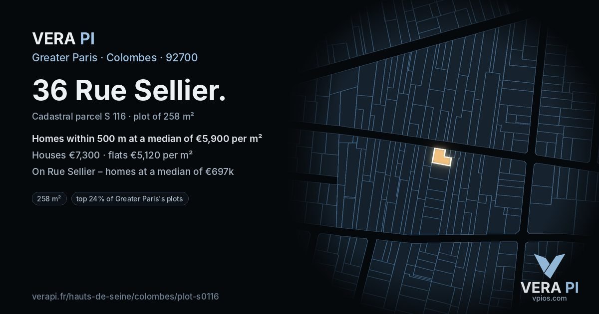 36 Rue Sellier, Colombes at night – the plot lit, the parcels around coloured by the prices near them