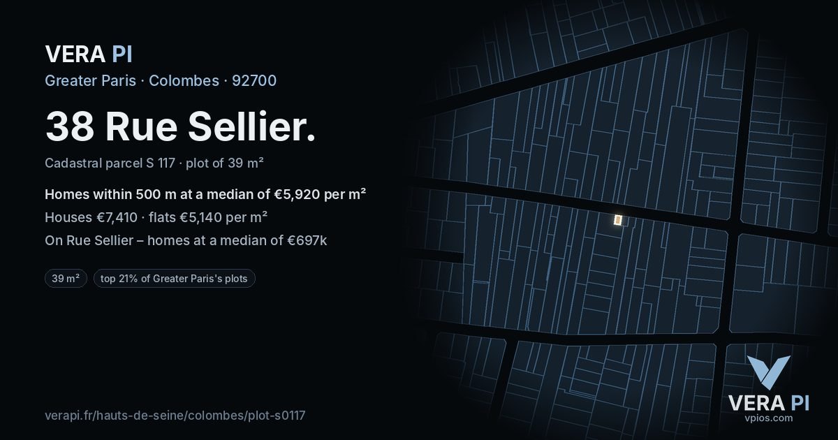 38 Rue Sellier, Colombes at night – the plot lit, the parcels around coloured by the prices near them