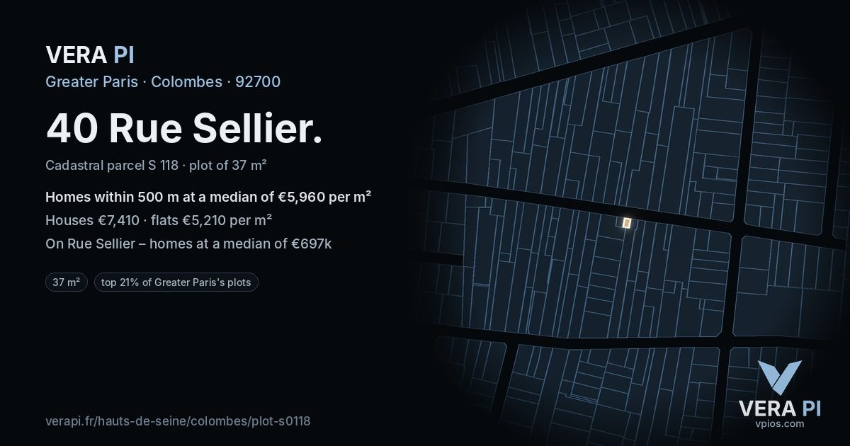 40 Rue Sellier, Colombes at night – the plot lit, the parcels around coloured by the prices near them