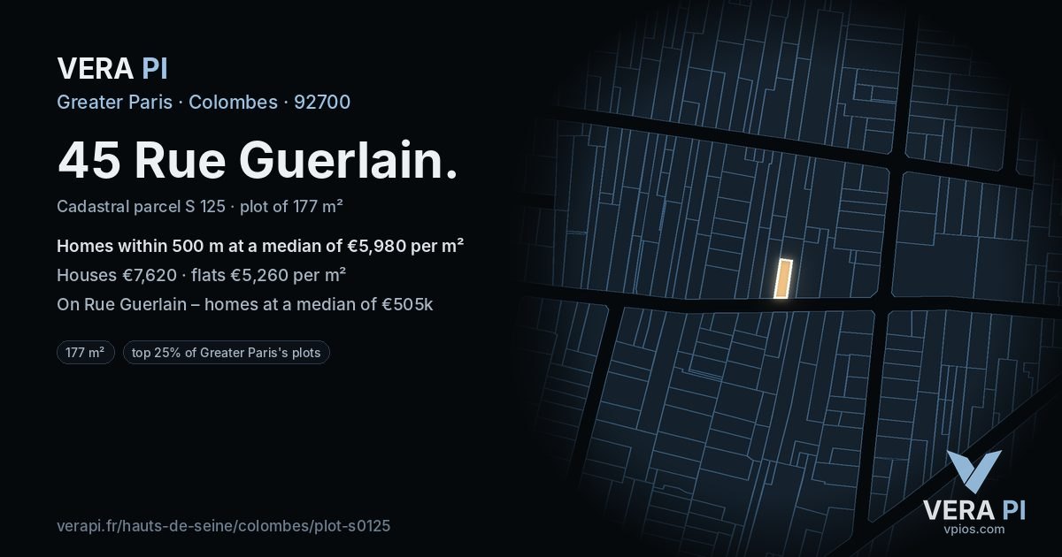 45 Rue Guerlain, Colombes at night – the plot lit, the parcels around coloured by the prices near them