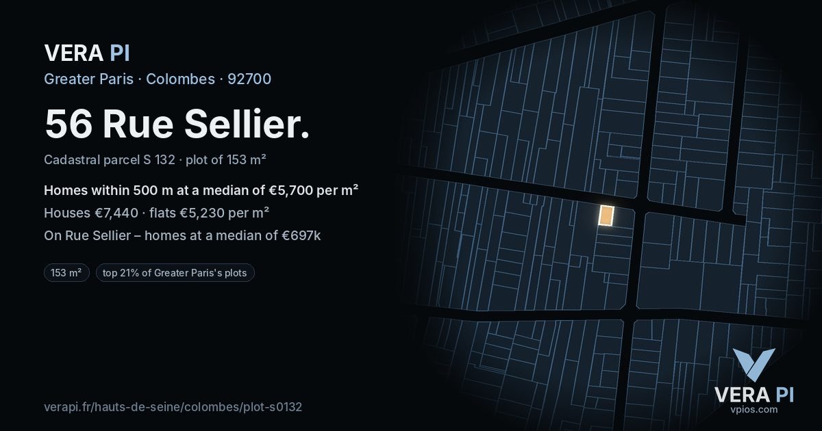 56 Rue Sellier, Colombes at night – the plot lit, the parcels around coloured by the prices near them