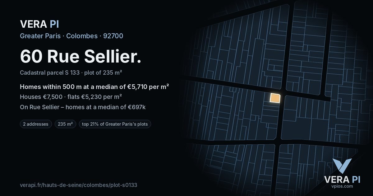 60 Rue Sellier, Colombes at night – the plot lit, the parcels around coloured by the prices near them
