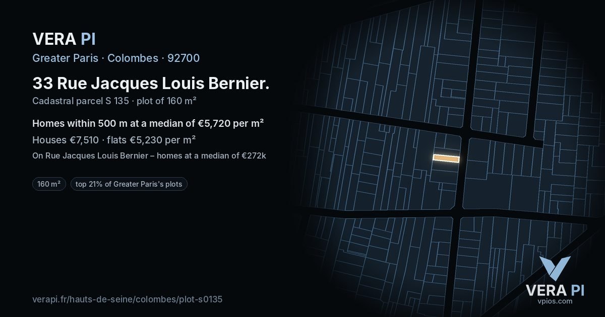 33 Rue Jacques Louis Bernier, Colombes at night – the plot lit, the parcels around coloured by the prices near them