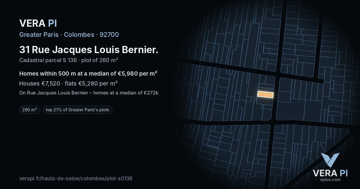 31 Rue Jacques Louis Bernier, Colombes at night – the plot lit, the parcels around coloured by the prices near them