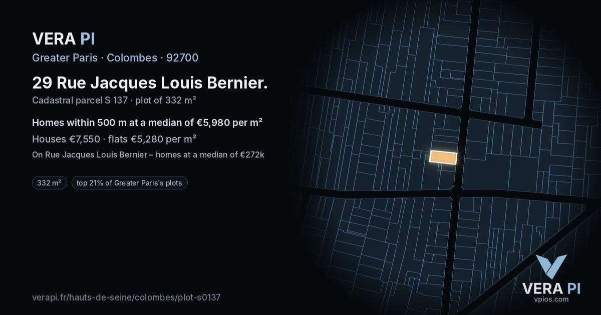 29 Rue Jacques Louis Bernier, Colombes at night – the plot lit, the parcels around coloured by the prices near them