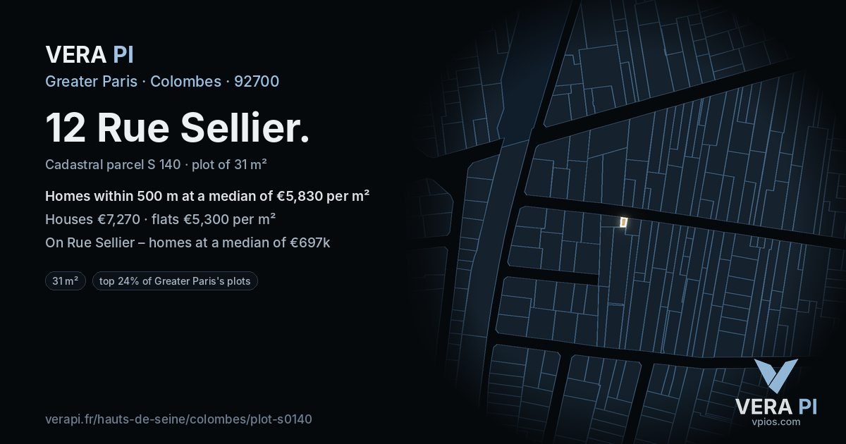 12 Rue Sellier, Colombes at night – the plot lit, the parcels around coloured by the prices near them