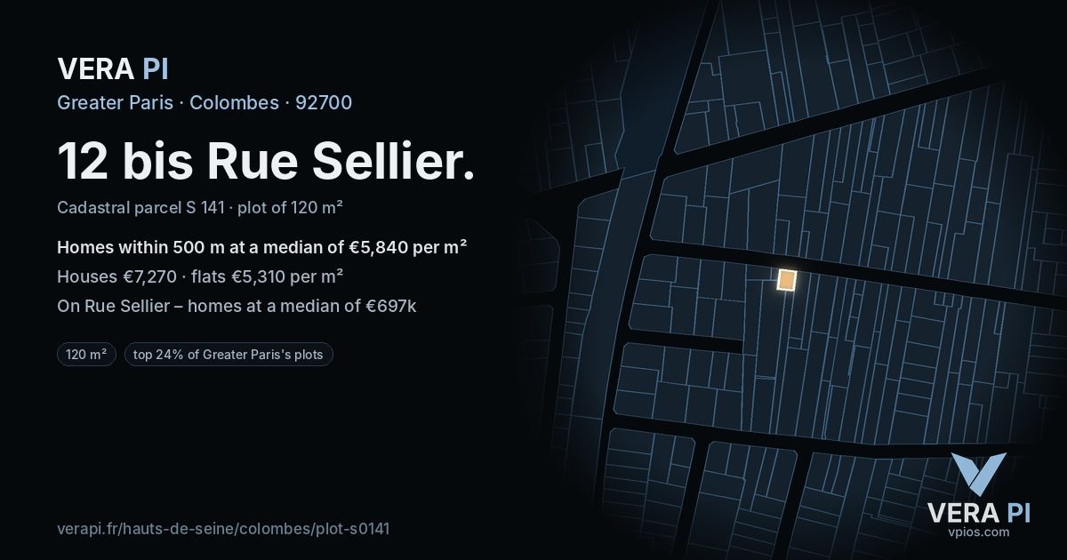 12 bis Rue Sellier, Colombes at night – the plot lit, the parcels around coloured by the prices near them