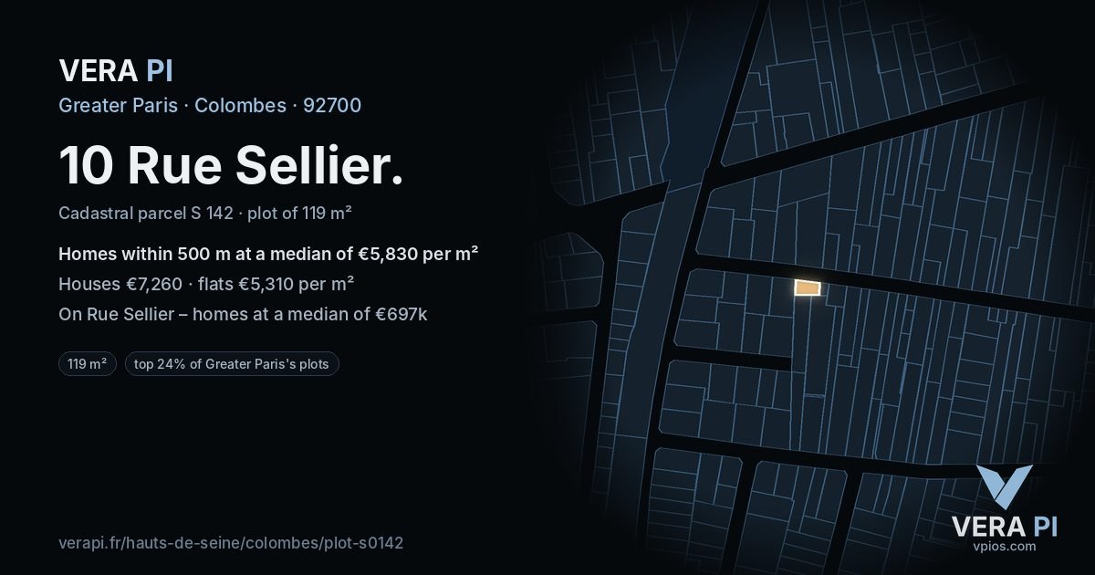 10 Rue Sellier, Colombes at night – the plot lit, the parcels around coloured by the prices near them