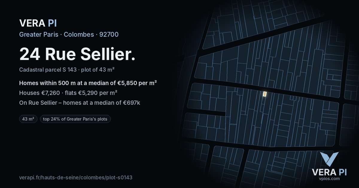 24 Rue Sellier, Colombes at night – the plot lit, the parcels around coloured by the prices near them