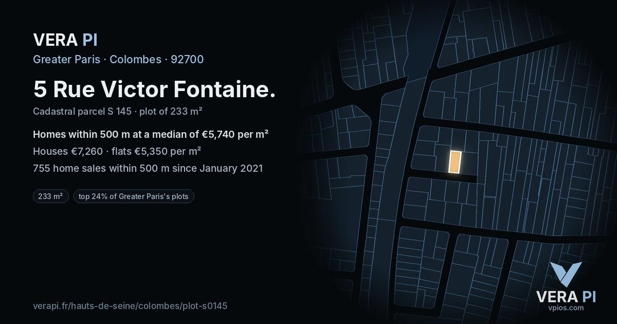 5 Rue Victor Fontaine, Colombes at night – the plot lit, the parcels around coloured by the prices near them