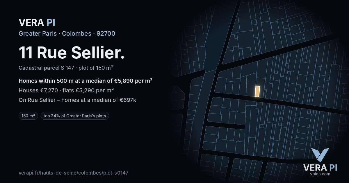11 Rue Sellier, Colombes at night – the plot lit, the parcels around coloured by the prices near them