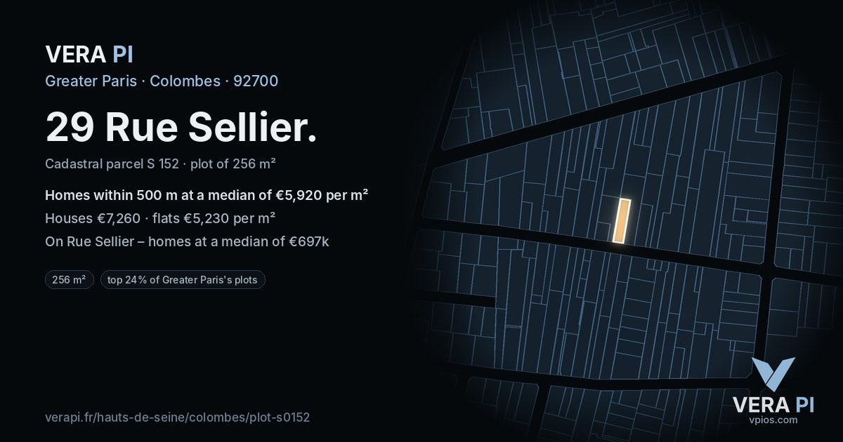 29 Rue Sellier, Colombes at night – the plot lit, the parcels around coloured by the prices near them