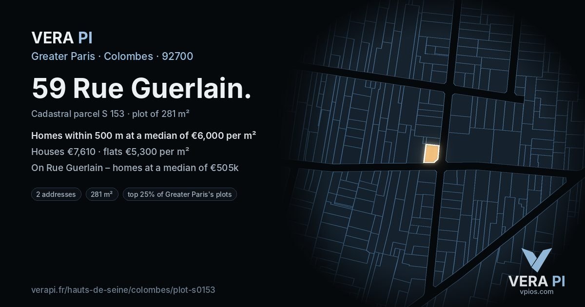 59 Rue Guerlain, Colombes at night – the plot lit, the parcels around coloured by the prices near them