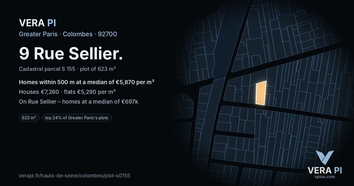9 Rue Sellier, Colombes at night – the plot lit, the parcels around coloured by the prices near them