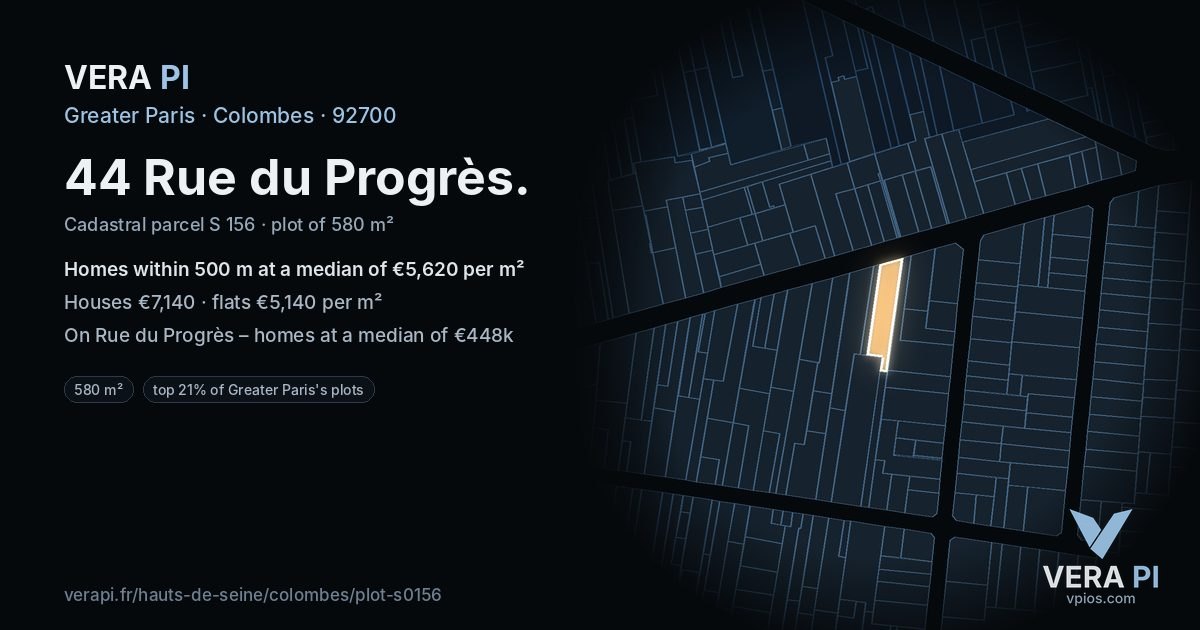 44 Rue du Progrès, Colombes at night – the plot lit, the parcels around coloured by the prices near them