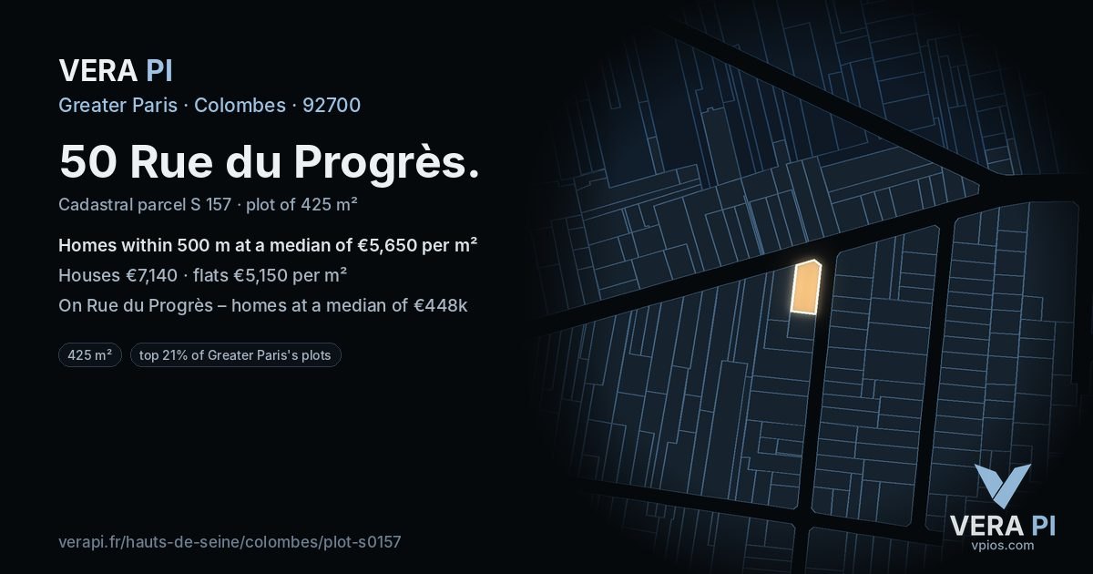 50 Rue du Progrès, Colombes at night – the plot lit, the parcels around coloured by the prices near them