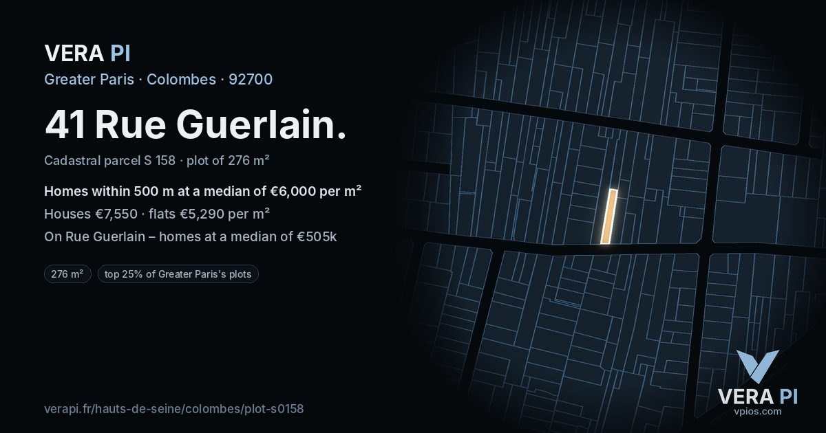 41 Rue Guerlain, Colombes at night – the plot lit, the parcels around coloured by the prices near them