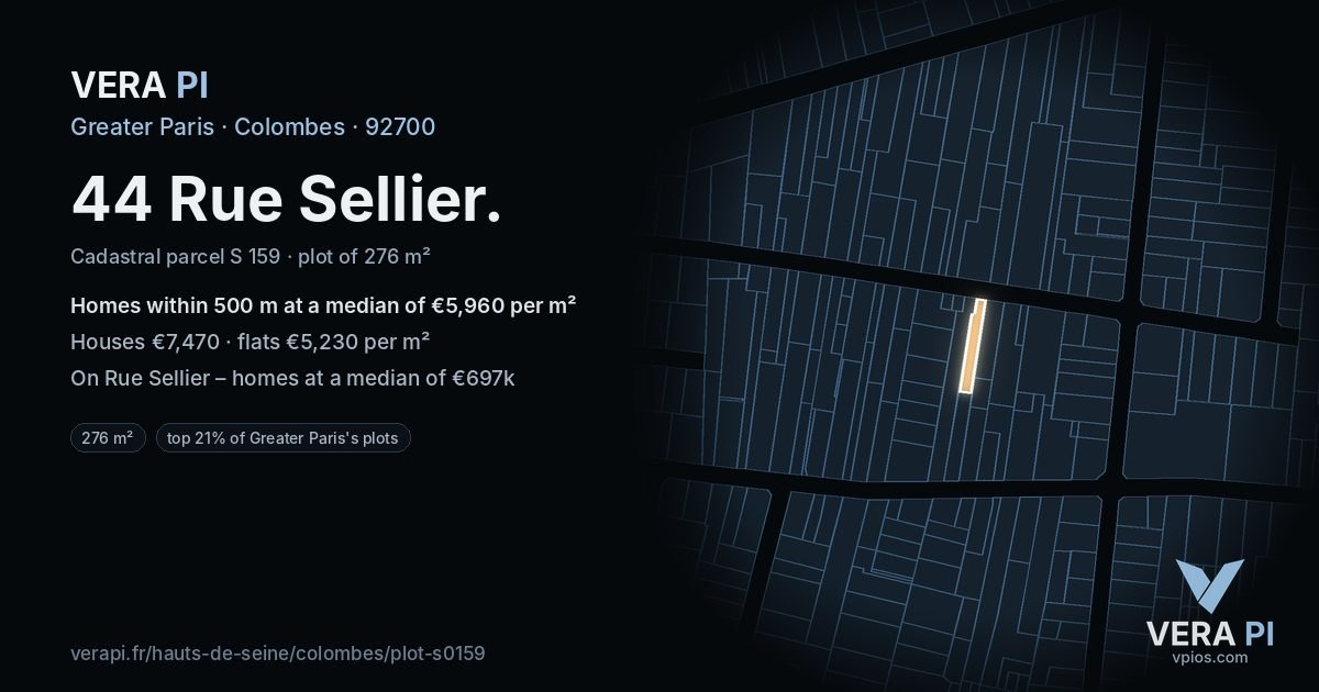 44 Rue Sellier, Colombes at night – the plot lit, the parcels around coloured by the prices near them