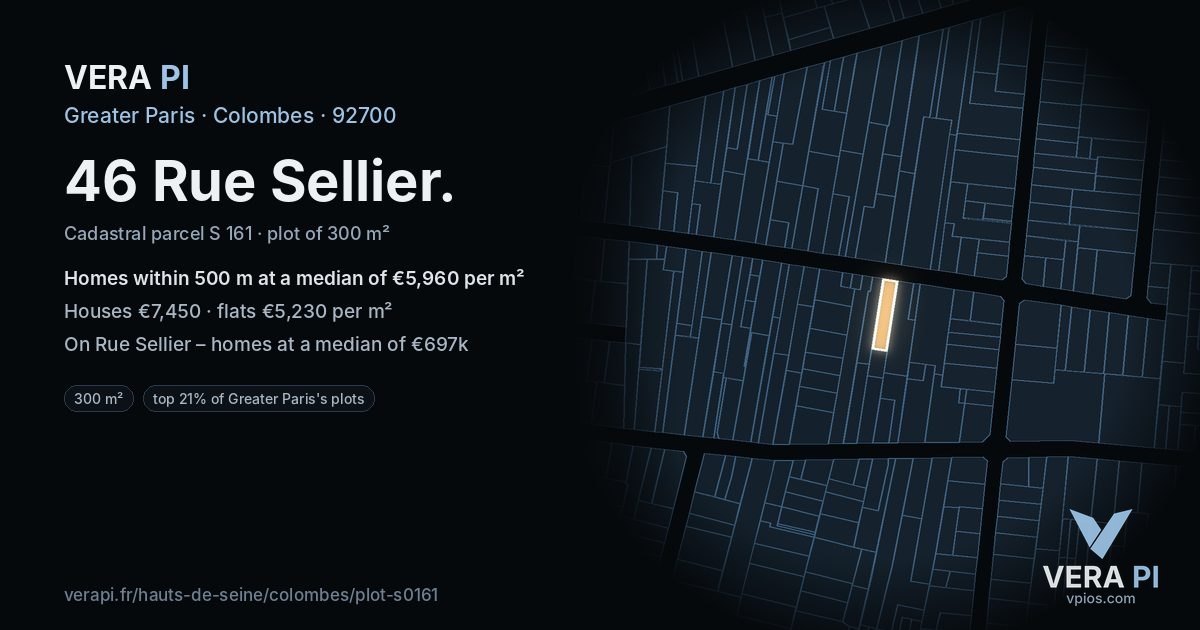 46 Rue Sellier, Colombes at night – the plot lit, the parcels around coloured by the prices near them